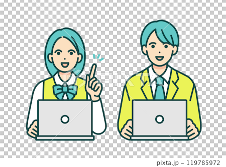 Men and women in school uniforms study on computers. Vector illustration set of students studying. 119785972