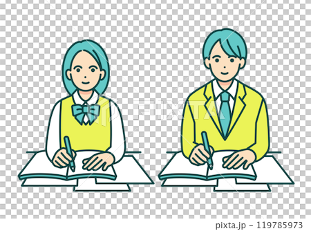 Men and women sitting at desks and studying. A set of illustrations of students in uniforms studying. 119785973