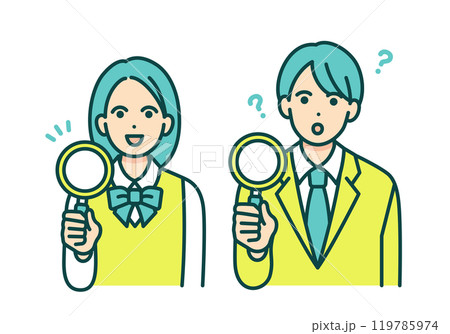 疑問を持つ男の子。何か閃いた女の子。虫眼鏡を持つ学生のベクターイラストセット。 疑問を持つ男の子。何か閃いた女の子。虫眼鏡を持つ学生のベクターイラストセット。 119785974