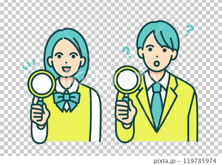 疑問を持つ男の子。何か閃いた女の子。虫眼鏡を持つ学生のベクターイラストセット。 疑問を持つ男の子。何か閃いた女の子。虫眼鏡を持つ学生のベクターイラストセット。 119785974