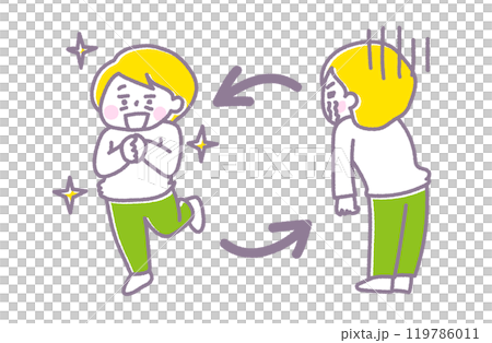 嬉しさと悲しみの表情を、コロコロと交互に入れ替える人(パステル) 嬉しさと悲しみの表情を、コロコロと交互に入れ替える人(パステル) 119786011