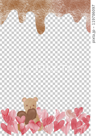 Teddy bear eating a heart shaped chocolate with melting chocolate frame for Valentine's Day. 119786097