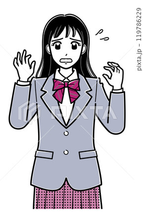 焦っている様子のブレザーの女子高生(上半身・シンプル) 焦っている様子のブレザーの女子高生(上半身・シンプル) 119786229