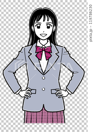 A high school girl in a blazer with her hands on her hips (upper body, simple) 119786230