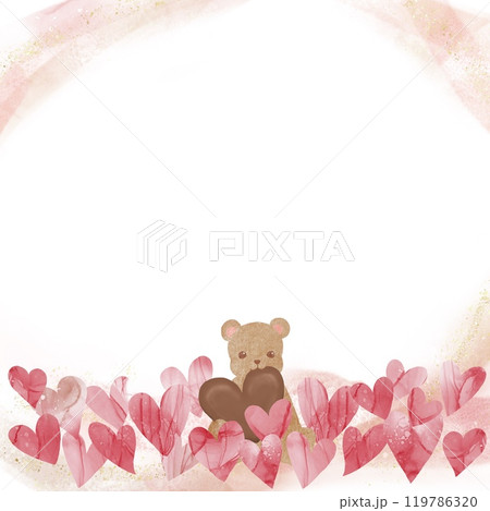 たくさんのハートに囲まれてチョコレートを頬ばる可愛いテディベアのイラスト。バレンタインデー向けに。 たくさんのハートに囲まれてチョコレートを頬ばる可愛いテディベアのイラスト。バレンタインデー向けに。 119786320