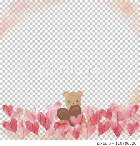 たくさんのハートに囲まれてチョコレートを頬ばる可愛いテディベアのイラスト。バレンタインデー向けに。 たくさんのハートに囲まれてチョコレートを頬ばる可愛いテディベアのイラスト。バレンタインデー向けに。 119786320