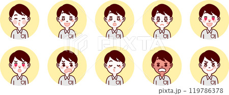 学生・男子高生の表情アイコンセット（喜び・憧れ・恥ずかしい） 119786378