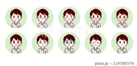 学生・男子高生の表情アイコンセット（困り・焦り） 119786379