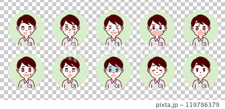 学生・男子高生の表情アイコンセット（困り・焦り） 119786379