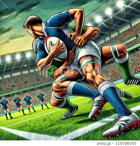 ラグビーのイラスト。ボールを持って走っている人の画像。 119786385