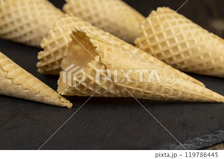 several waffle cones for ice cream 119786445
