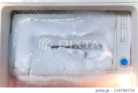 Inside a refrigerator's freezer compartment Excessive frost buildup in the freezer 119786718