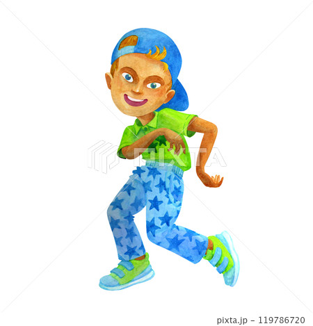 Comical preteen boy in a blue cap dancing merrily, celebrating birthday or other holiday. Party concept. Isolated watercolor hand drawn child character for design of cards, posters, t-shirt Comical preteen boy in a blue cap dancing merrily, celebrating birthday or other holiday. Party concept. Isolated watercolor hand drawn child character for design of cards, posters, t-shirt 119786720