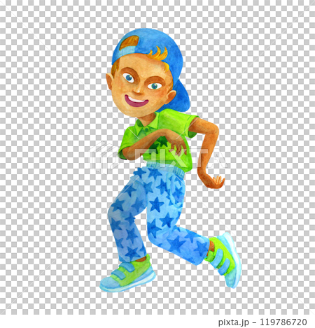 Comical preteen boy in a blue cap dancing merrily, celebrating birthday or other holiday. Party concept. Isolated watercolor hand drawn child character for design of cards, posters, t-shirt Comical preteen boy in a blue cap dancing merrily, celebrating birthday or other holiday. Party concept. Isolated watercolor hand drawn child character for design of cards, posters, t-shirt 119786720