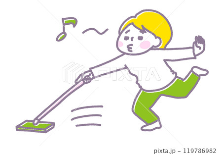 鼻歌を歌いながら、フローリングワイパーで床を磨く女性(パステル) 鼻歌を歌いながら、フローリングワイパーで床を磨く女性(パステル) 119786982