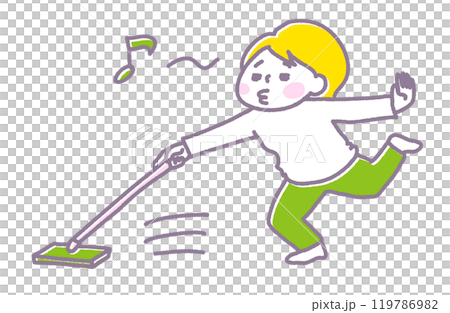 鼻歌を歌いながら、フローリングワイパーで床を磨く女性(パステル) 鼻歌を歌いながら、フローリングワイパーで床を磨く女性(パステル) 119786982