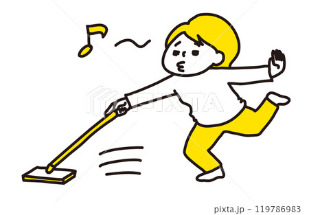 鼻歌を歌いながら、フローリングワイパーで床を磨く女性（2色） 119786983
