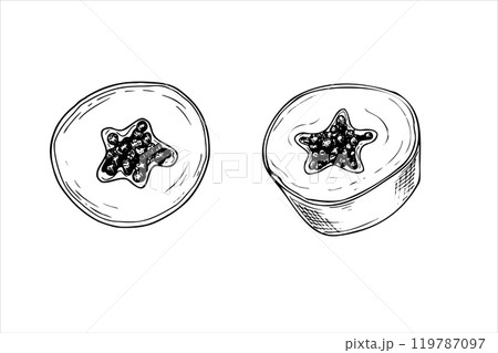 Juicy aromatic papaya slices hand drawn vector isolated illustration in black and white. Exotic sweet cut pawpaw fruit realistic graphic sketch illustration. For poster, package decor. 119787097