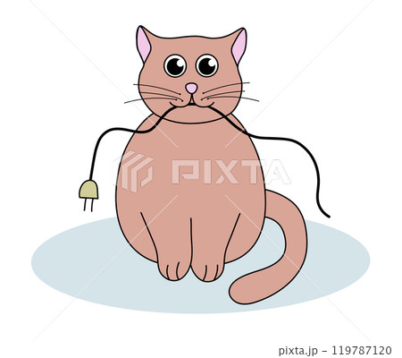 Problem with cat behavior. Kitten chews up the wires. Cute flat illustration. 119787120