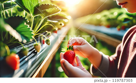 いちご狩りする子供の手のクローズアップ いちご狩りする子供の手のクローズアップ 119787303