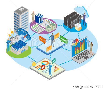 企業内各部署でのデータ情報共有のイメージイラスト 119787339