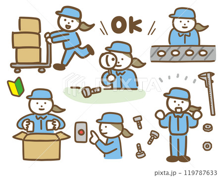 工場で働く作業服の女性のいろんな仕事のセット(ベクター) 119787633