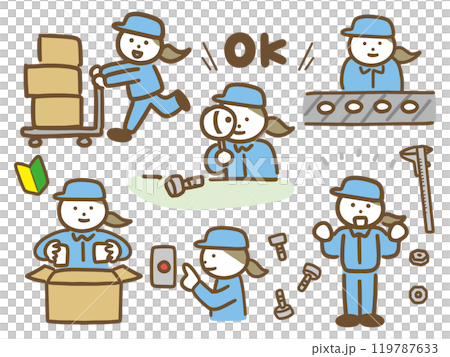 一組身著工作服在工廠工作的女性的各種職業場景（向量圖） 119787633