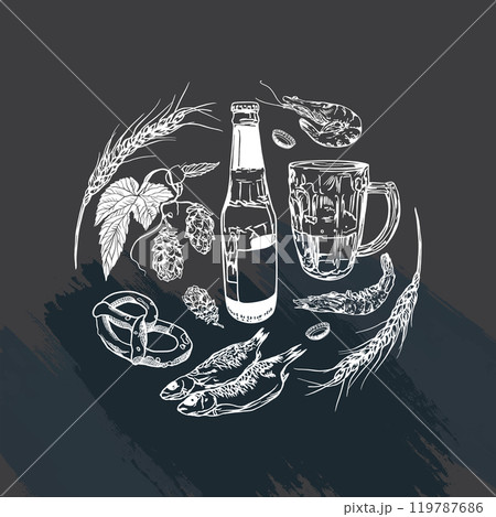 Beer set in white chalk on black. Bottle, mug, hops, shrimp, fish, ears of corn, pretzel. Vector illustration. Graphic. Menu design, banners, posters. 119787686