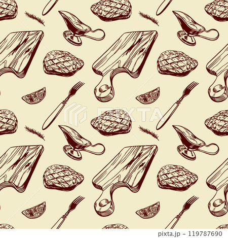 Meat steak seamless pattern. Grill, board, sauce, fork, lemon, rosemary. Vector illustration in graphic style. Wrapping paper, labels, covers, napkins Meat steak seamless pattern. Grill, board, sauce, fork, lemon, rosemary. Vector illustration in graphic style. Wrapping paper, labels, covers, napkins 119787690