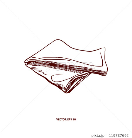 Napkin folded lying. Kitchen towel. Hand drawn vector illustration in graphic style. For design menu, recipes, cookbooks, table setting. 119787692