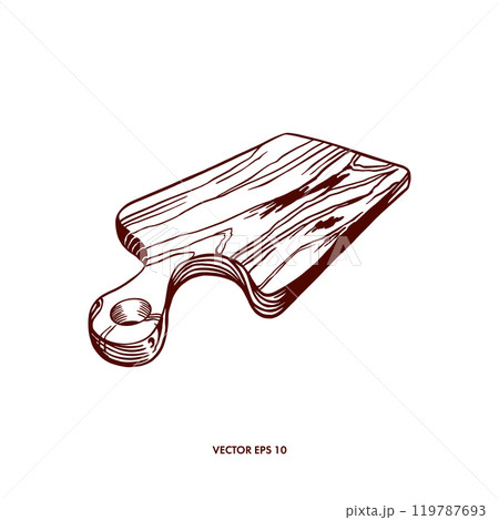 Wooden board, cutting, kitchen. Hand drawn vector illustration in graphic style. For design menus, cookbooks, recipes, banners, posters, labels. 119787693