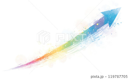 白背景に勢いよく右上を目指す手書き風の虹色の矢印の水彩イラスト 白背景に勢いよく右上を目指す手書き風の虹色の矢印の水彩イラスト 119787705