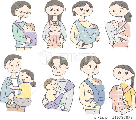 抱っこ紐で赤ちゃんを抱っこする親セット 抱っこ紐で赤ちゃんを抱っこする親セット 119787875