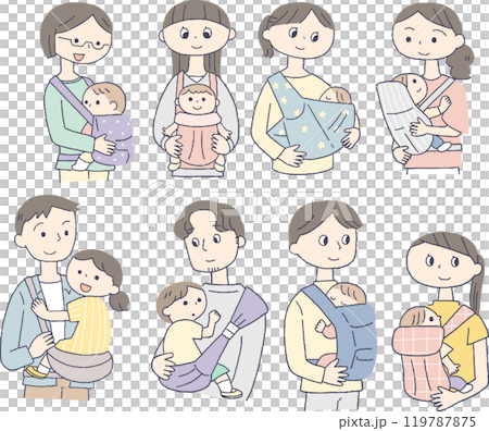抱っこ紐で赤ちゃんを抱っこする親セット 抱っこ紐で赤ちゃんを抱っこする親セット 119787875