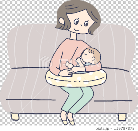 A mother sitting on the sofa and breastfeeding 119787878