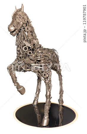 Metallic horse sculpture exhibiting strength and grace 119787901