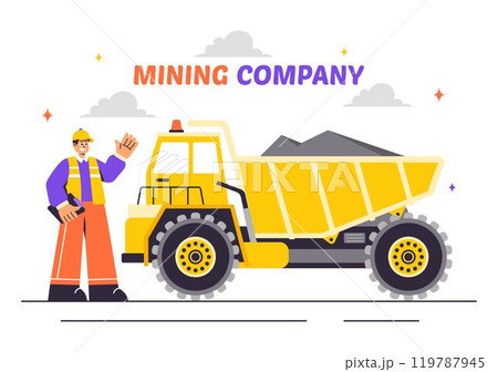 Mining Company Vector Illustration Featuring Heavy Yellow Dumper Trucks for Industrial Sand Mining Process or Transportation in a Flat Background Mining Company Vector Illustration Featuring Heavy Yellow Dumper Trucks for Industrial Sand Mining Process or Transportation in a Flat Background 119787945