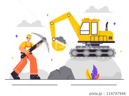 Mining Company Vector Illustration Featuring Heavy Yellow Dumper Trucks for Industrial Sand Mining Process or Transportation in a Flat Background 119787946