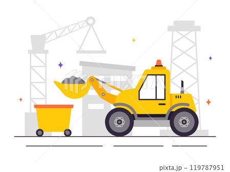 Mining Company Vector Illustration Featuring Heavy Yellow Dumper Trucks for Industrial Sand Mining Process or Transportation in a Flat Background Mining Company Vector Illustration Featuring Heavy Yellow Dumper Trucks for Industrial Sand Mining Process or Transportation in a Flat Background 119787951
