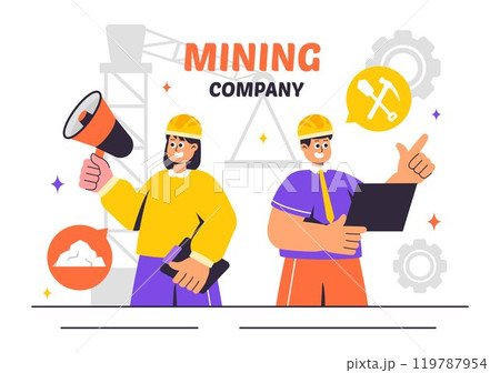 Mining Company Vector Illustration Featuring Heavy Yellow Dumper Trucks for Industrial Sand Mining Process or Transportation in a Flat Background 119787954