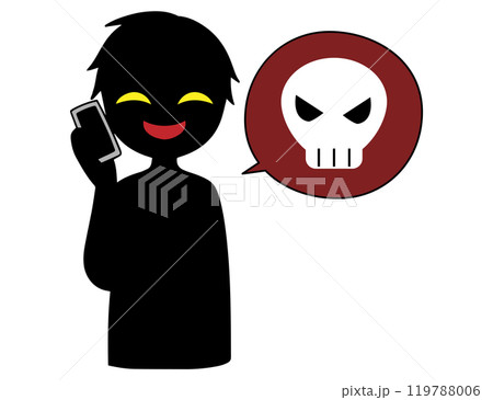 スマホで話す悪人とドクロマークの危険な話をするイメージの素材 スマホで話す悪人とドクロマークの危険な話をするイメージの素材 119788006