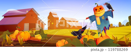 Cartoon autumn scene with pumpkin and scarecrow. Cartoon autumn scene with pumpkin and scarecrow. 119788269
