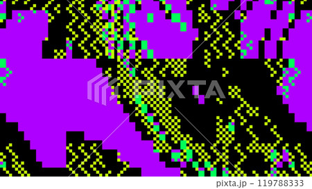 Abstract glitch art with pixelated green and purple patterns on black background 119788333