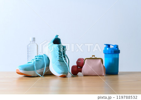 運動を始める道具にかかる費用 水色のスニーカーと水とダンベルと財布 背景素材 バックグラウンド 青色 運動を始める道具にかかる費用 水色のスニーカーと水とダンベルと財布 背景素材 バックグラウンド 青色 119788532