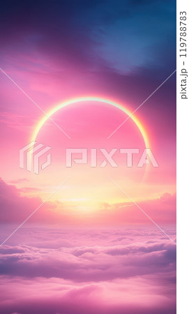 stunning sunset over sea of clouds, featuring vibrant pink and purple hues blending beautifully in sky. sun creates mesmerizing halo effect, evoking sense of tranquility and wonder 119788783