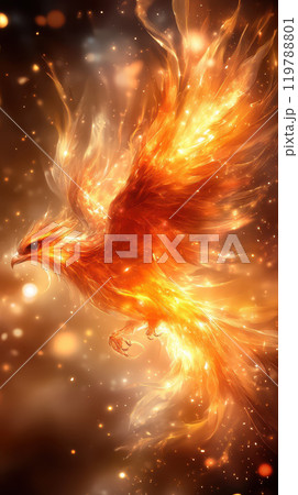 majestic phoenix rises with fiery wings, radiating warmth and light in dazzling display of orange and gold. Its vibrant feathers shimmer against backdrop of sparkling lights, evoking sense of wonder 119788801