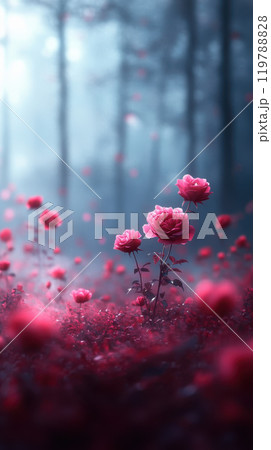 serene landscape featuring vibrant pink roses amidst misty forest, creating dreamy and enchanting atmosphere. soft focus enhances beauty of nature serene landscape featuring vibrant pink roses amidst misty forest, creating dreamy and enchanting atmosphere. soft focus enhances beauty of nature 119788828