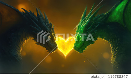 Two majestic dragons, one black and one green, face each other, their glowing eyes meeting in heart of light, symbolizing unity and love in mystical setting 119788847