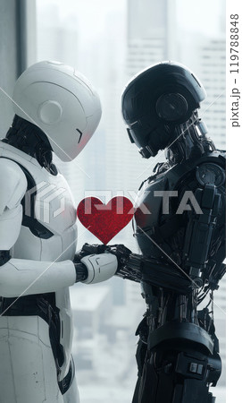 Two humanoid robots, one white and one black, hold red heart between them, symbolizing love and connection in futuristic setting 119788848