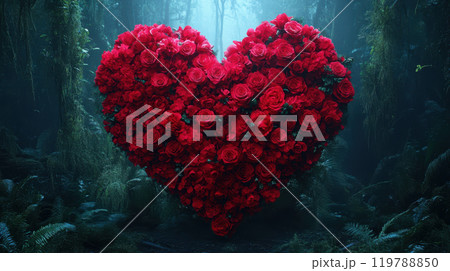 heart shaped arrangement of vibrant red roses in mystical forest setting, evoking feelings of love and romance. lush greenery enhances beauty of flowers 119788850
